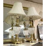 PAIR OF BRASS & CUT GLASS TABLE LAMPS 70CMS (H) APPROX INC SHADES