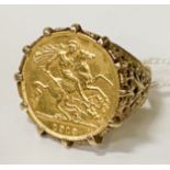 1913 HALF SOVEREIGN 9 CARAT GOLD RING SIZE N 9.9GRAMS APPROX
