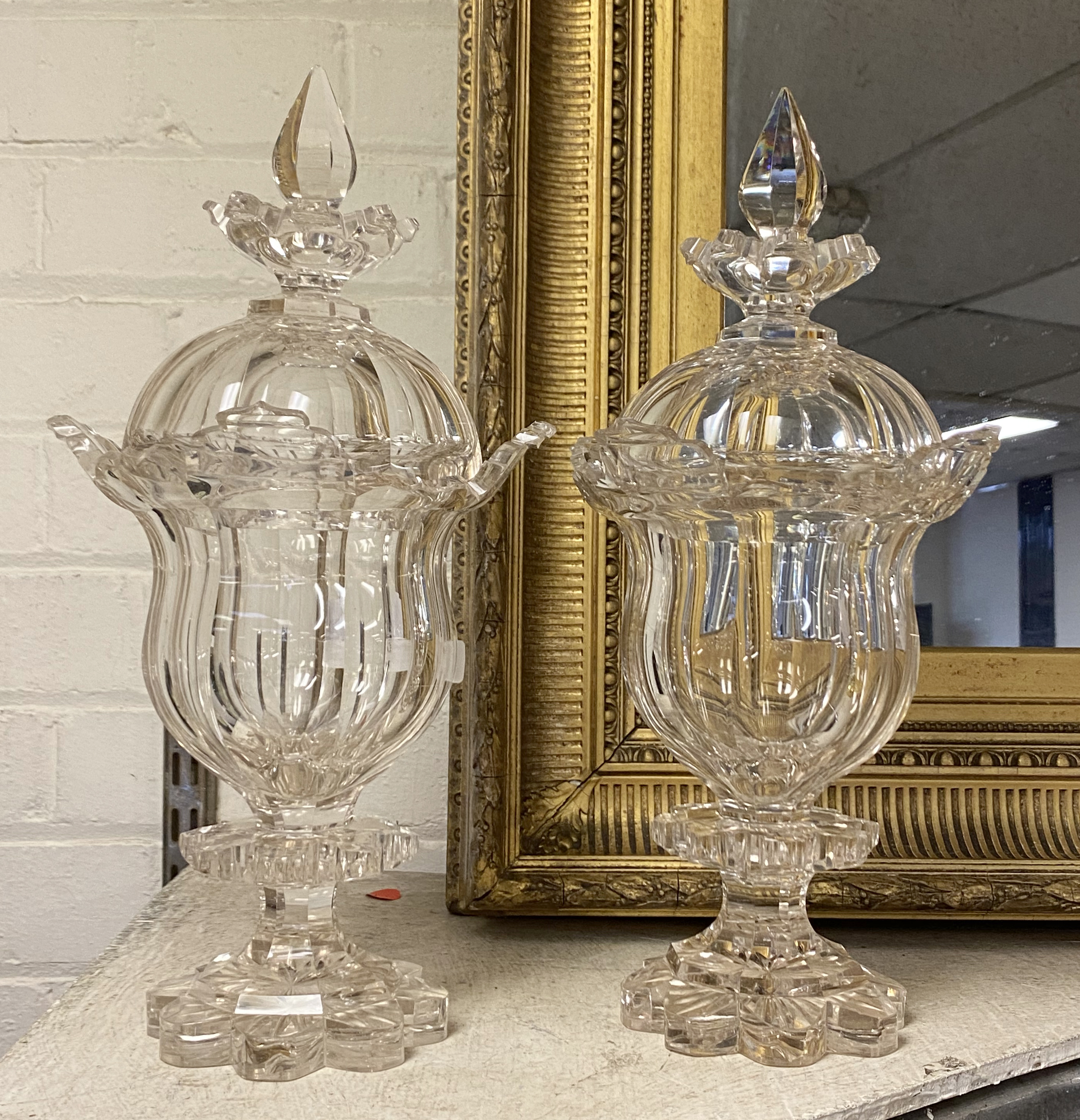 PAIR OF GLASS VASES WITH TOPS - SMALL CHIPS TO TOP RIM