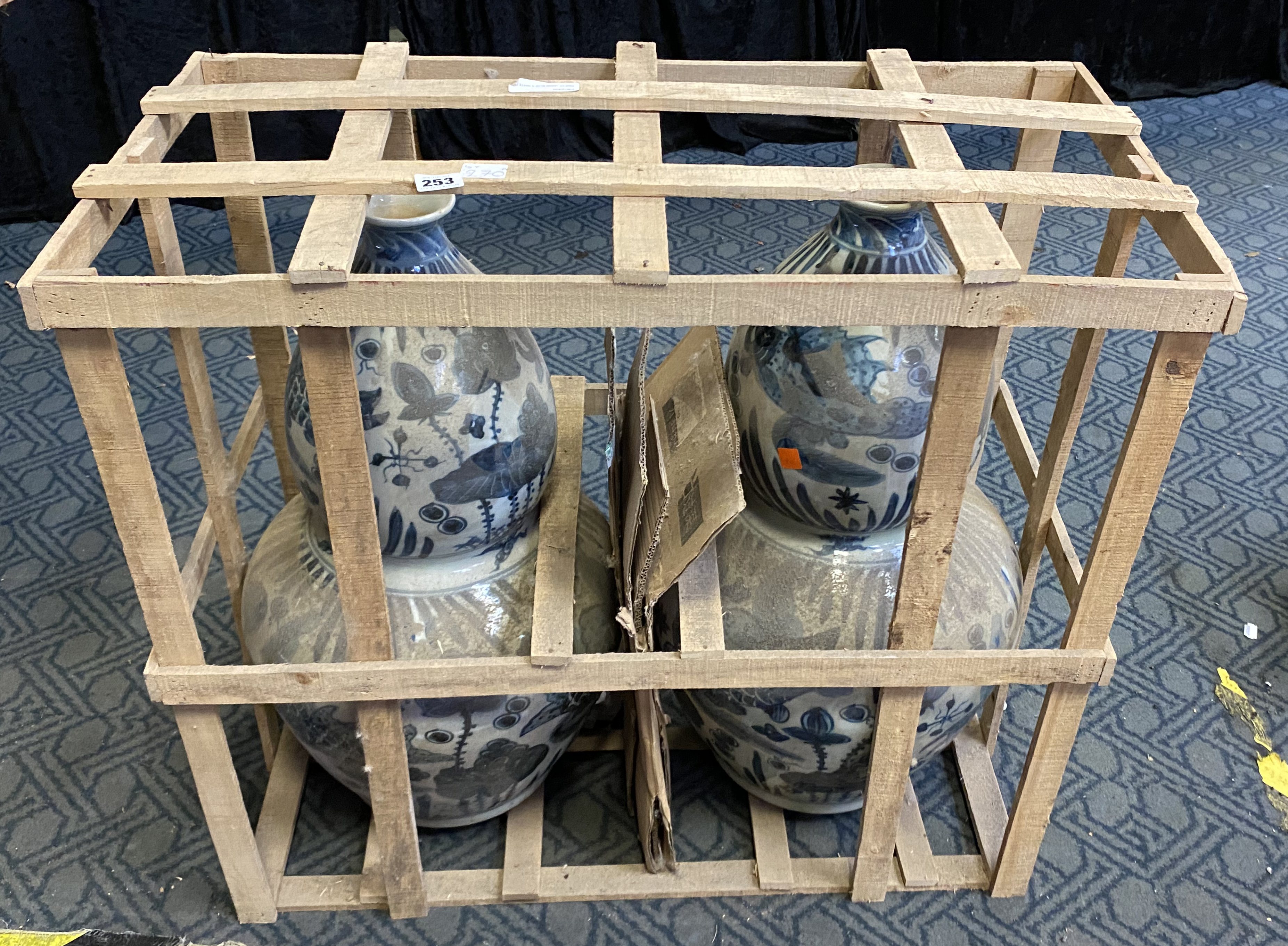 PAIR OF LARGE BLUE & WHITE DOUBLE GOURD VASES