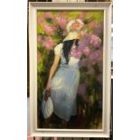 MARIA BOOHITYAROVA (BORN IN 1975) ''AMONG THE FLOWERS'' OIL ON CARD 89.5CM X 49.5CMS