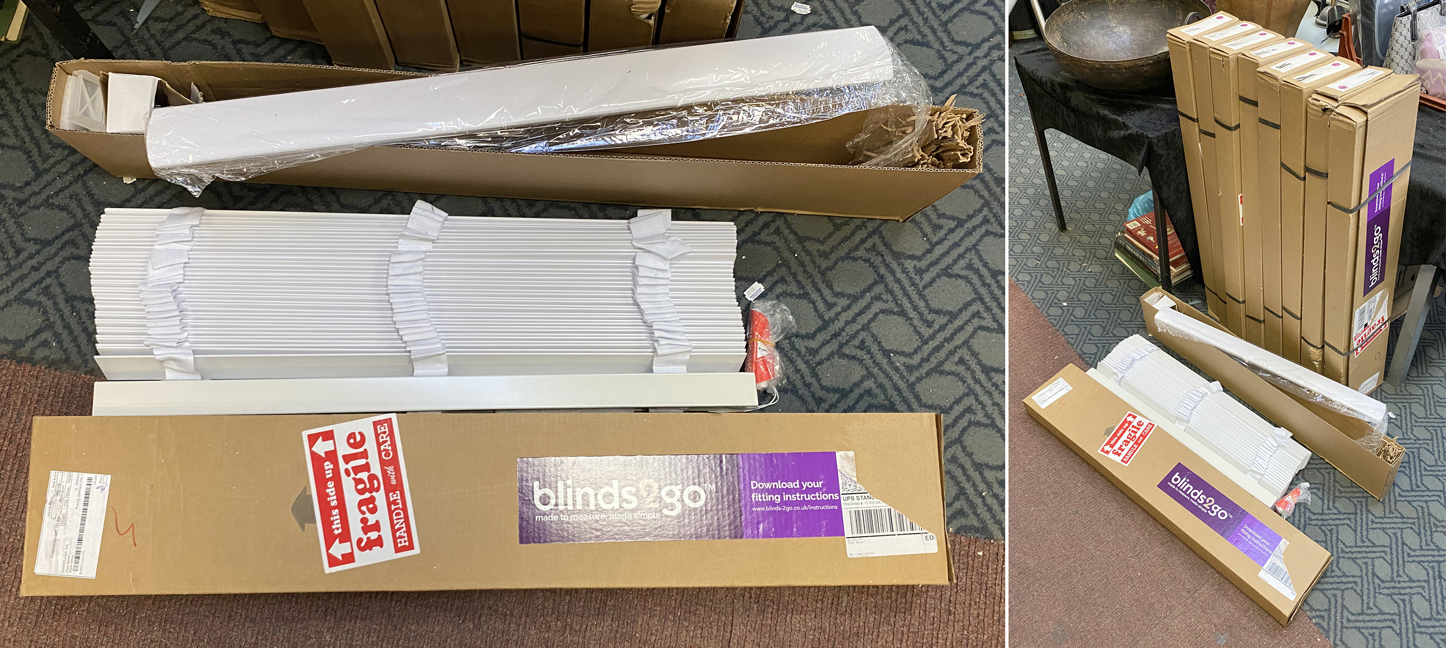 9 BRAND NEW WHITE BLINDS MEASURING WIDTH 730 (28.5 INCHES) X 1590 (62.5 INCHES) UNOPENED