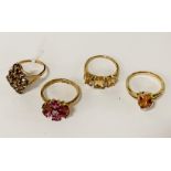 FOUR 9CT GOLD GEMSTONE SMALL DIAMOND RINGS 10.3 GRAMS TOTAL APPROX