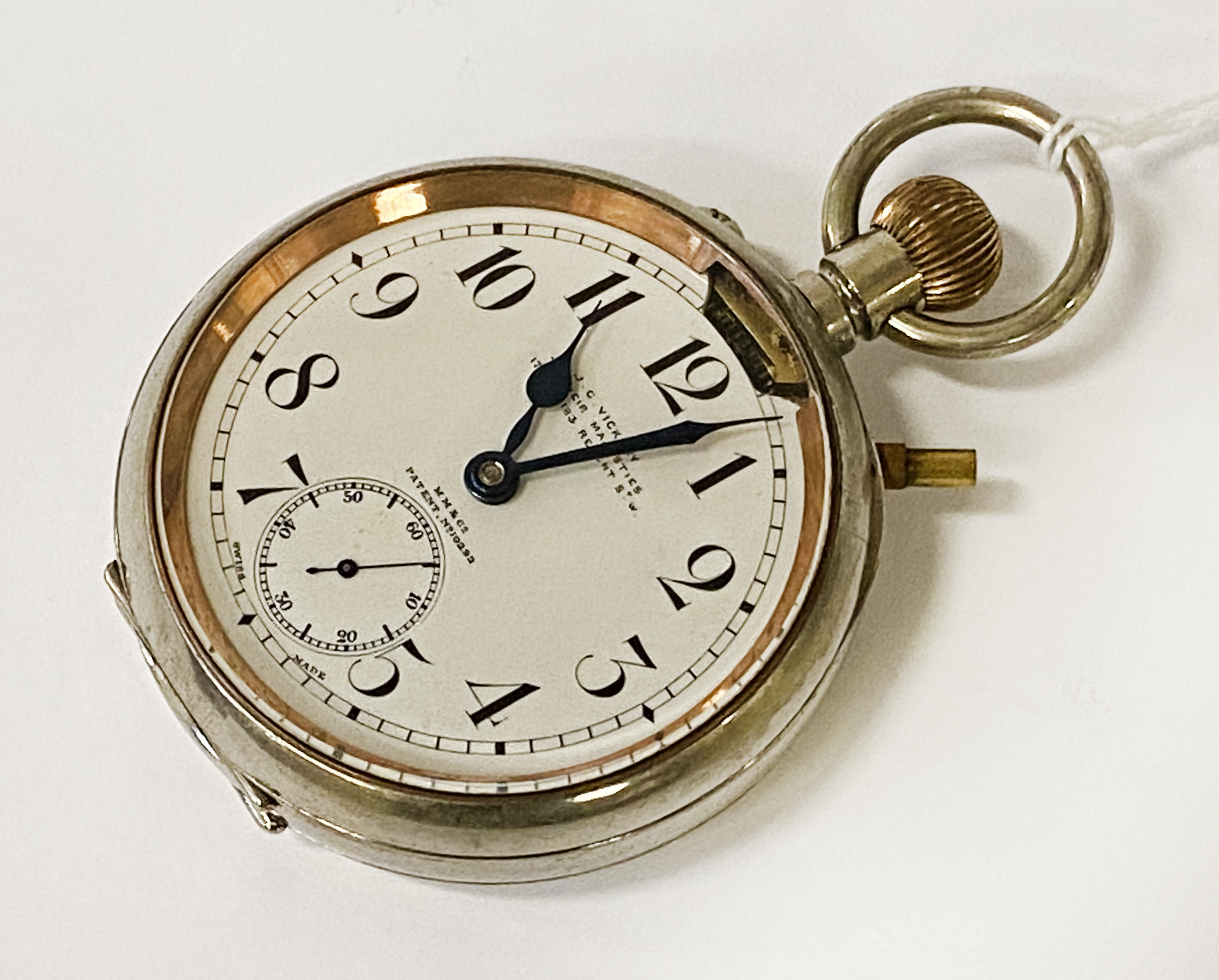 OPEN FACE LARGE GOLIATH POCKET WATCH BY J.C VICKERY PATENT NO 10292 - 6 CMS FACE APPROX