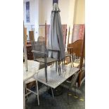 GRANITE TOP GARDEN TABLE, SIX CHAIRS & PARASOL