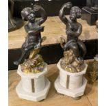 TWO BRONZE CHERUB FIGURES WITH MARBLE BASE A/F 33CMS (H) APPROX