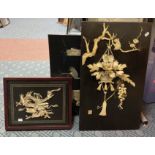 3 MOTHER OF PEARL CHINESE SEASONS PICTURES WITH TWO BASKETS