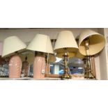 TWO PAIRS OF TABLE LAMPS - BRASS & PINK CERAMIC 48CMS (H) EXCLUDING SHADES