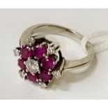 18CT GOLD RUBY & DIAMOND CLUSTER RING - SIZE I/J - 5.8 GRAMS APPROX