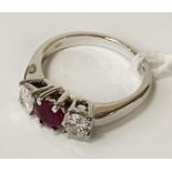 18CT WHITE GOLD NATURAL RUBY & DIAMOND RING - SIZE M - 4.9 GRAMS APPROX
