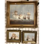 THREE SIGNED & FRAMED SEASCAPE SCENES OF GALLEON SHIPS BY NORAH DRETT LARGEST INNER FRAME 50CMS (