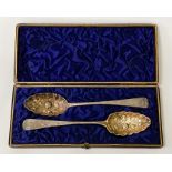 TWO HM SILVER BOXED FRUIT SPOONS - 4OZS APPROX