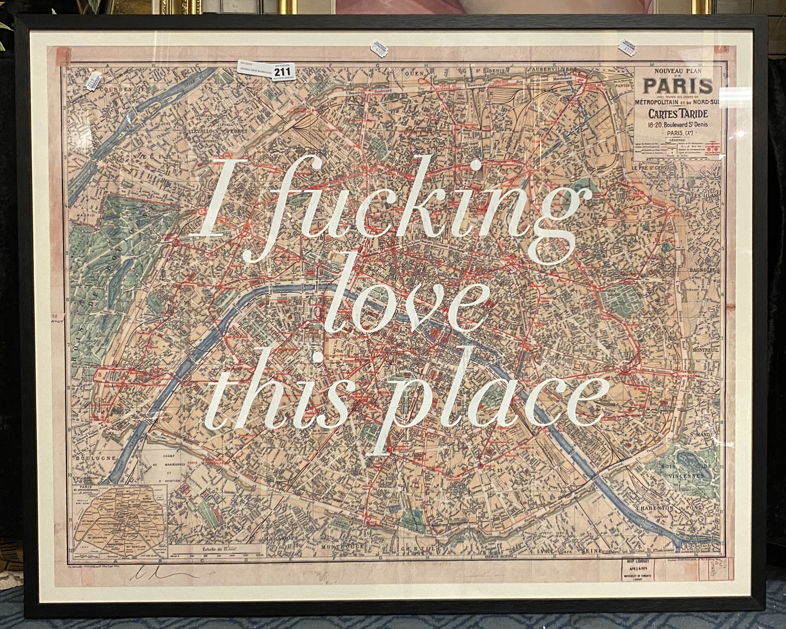 ORIGINAL DAVE BUONAGUIDE ''I F%KING LOVE THIS PLACE'' MAP OF PARIS - FRAMED 70.5CMS (H) X 89.5CMS (