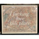 ORIGINAL DAVE BUONAGUIDE ''I F%KING LOVE THIS PLACE'' MAP OF PARIS - FRAMED 70.5CMS (H) X 89.5CMS (