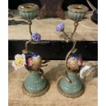 PAIR OF BRONZE & PORCELAIN CANDLESTICKS 29CMS (H) APPROX