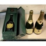 DOM PERIGNON 1992 BOXED WITH SILVER PLATED CORK SAVER CHRISTOFLE & 2 BOTTLES OF CHAMPAGNE
