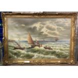 SEASCAPE OIL ON CANVAS OF A FISHING SCENE A/F 59CMS (H) X 89CMS (W) INNER FRAME