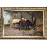 HENRY SCHOUTEN (1864-1927) OIL ON CANVAS ''TWO HORSES & A FARM HAND IN A BARN'' SIGNED 60CM X 90CM -