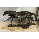 GIL WILES SIGNED BRONZE OF TWO HORSE GALLOPING- 50CM X 26CM HIGH