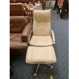 CREAM LEATHER CHAIR WITH STOOL