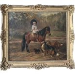 ARTHUR WARDLE (1864-1949) OIL ON CANVAS ''YOUNG GIRL WITH PONY & 3 DOGS - SIGNED - 54CM X 66CM - HAS