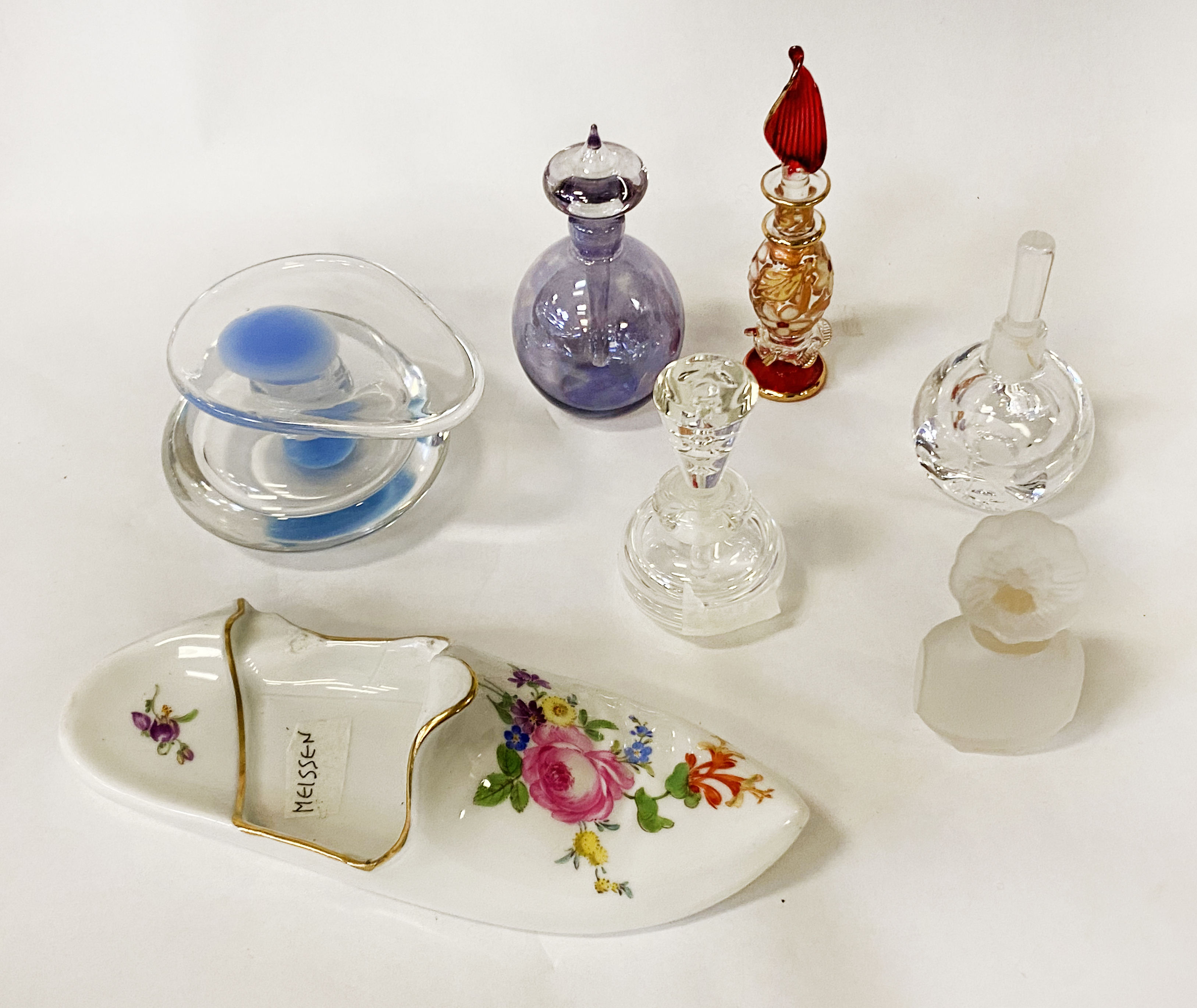 SIX GLASS PERFUME BOTTLES & A MEISSEN SHOE