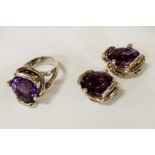 SILVER & AMETHYST RING & PAIR OF CLIPS EARRINGS (WITH CERTIFICATE