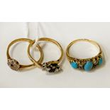 THREE MIXED CARAT GOLD RING WITH DIAMONDS & GEMSTONES - APPROX 7.8 GRAMS