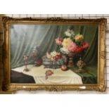 BELA BALOGH SIGNED & FRAMED STILL LIFE OF FRUIT & FLOWERS 60CMS (H) X 90CMS INNER FRAME