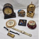 COLLECTION OF INTERESTING ITEMS, TRINKET BOX, 2 VINTAGE LADIES WATCHES, DUNHILL LIGHTER & 2 CLOCKS