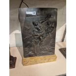 BRONZE RELIGIOUS PLAQUE ON MARBLE BASE SIGNED M.P - 49 CMS (H) APPROX