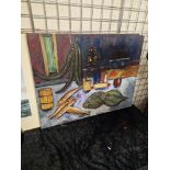 FISH, SEA ANIMALS ON TABLE, OIL ON CANVAS - SIGNED