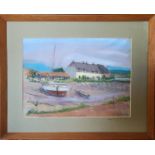 GEOFF CUNNINGHAM PORLOCK WEIR MINEHEAD LOCK COTTAGES 1997 PASTEL 31CM X 42CM