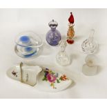 SIX GLASS PERFUME BOTTLES & A MEISSEN SHOE