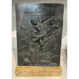 BRONZE RELIGIOUS PLAQUE ON MARBLE BASE SIGNED M.P - 49 CMS (H) APPROX