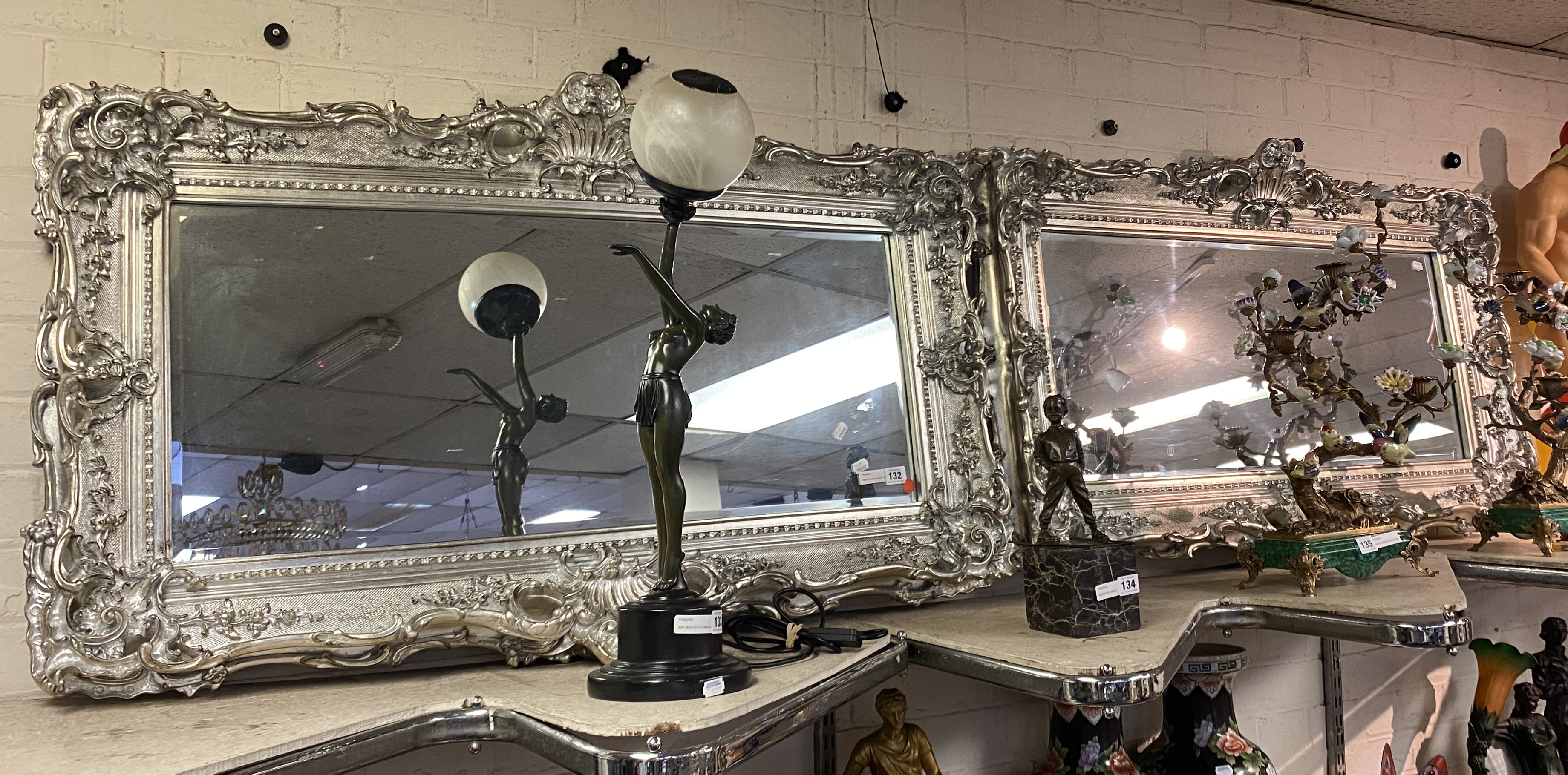 PAIR OF LARGE FANCY SILVER FRAMED MIRRORS 70CMS (H) X 113CMS (W) OUTER FRAME