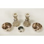 PAIR OF SILVER PLATED CANDELABRA & TWO JUDAIC ENAMELLED SILVER PLATED BOWLS