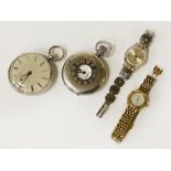 SILVER HALF HUNTER A/F WORKING WITH A SILVER OPEN FACE POCKET WATCH & 2 LADIES WATCHES
