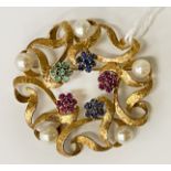 18CT GOLD SAPPHIRE, EMERALD & RUBY BROOCH - 9.5 GRAMS APPROX