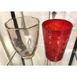 1 RUBY GLASS VASE & 1 WHITE VASE - WHITEFRIARS - 20.5 CMS (H) AND 19.5 CMS (H) APPROX