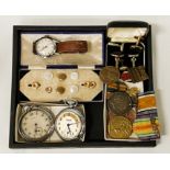 TRAY OF MEDALS, CUFFLINKS, WATCHES & COLLAR STUDS