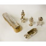 QTY OF SILVER SALTS WITH A STERLING SILVER NOVELTY SHOE & STERLING BRUSH - 3 OZS APPROX EXCLUDING