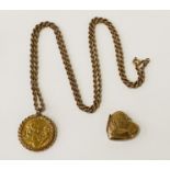 1981 FULL SOVEREIGN IN A 9 CARAT GOLD MOUNT WITH CHAIN WITH 9 CARAT GOLD HEART LOCKET - 24.5 GRAMS