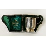 INSCRIBED HM SILVER DRINKING CUP IN ORIGINAL HARDY BROS BOX - 2 OZS APPROX - 7.5 CMS (H)