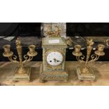 BRONZE & GREEN MARBLE CLOCK WITH GARNITURE