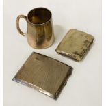 An HM cigarette case, a silver tankard and an electroplated silver cigarette case.
