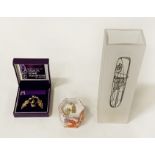 3 PAIRS OF CHARLES RENNIE MACKINTOSH EARRINGS AND A GLASS VASE
