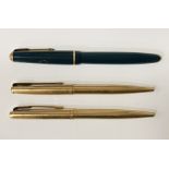 THREE PARKER PENS - 1 HAS A 14CT GOLD NIB (TWO BALLPOINTS AND ONE FOUNTAIN PEN)