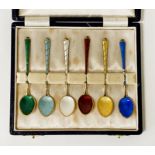 SIX HM DANISH SILVER ENAMELLED SPOONS - BOXED - 1 OZ APPROX (ONE SPOON HAS ENAMEL LOSS)