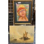 WATERCOLOUR OF LADY & OIL OF SEASCAPE - 41 CMS (H) X 29 CMS (W) PICTURE ONLY